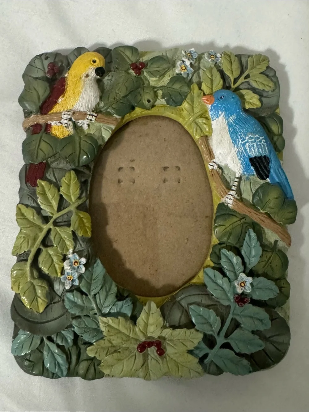 Vintage Green Leaf Picture Frame with Blue and Yellow Birds Ceramic Colorful